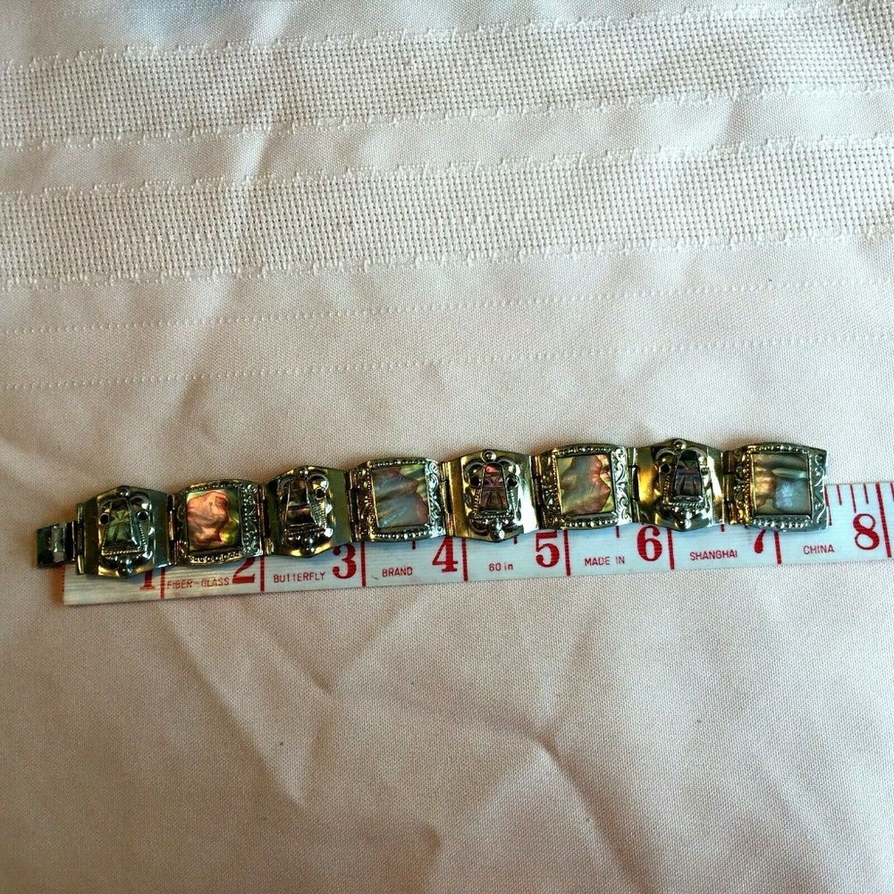 Vintage 925 silver link panel bracelet with abalone shell Made in Mexico